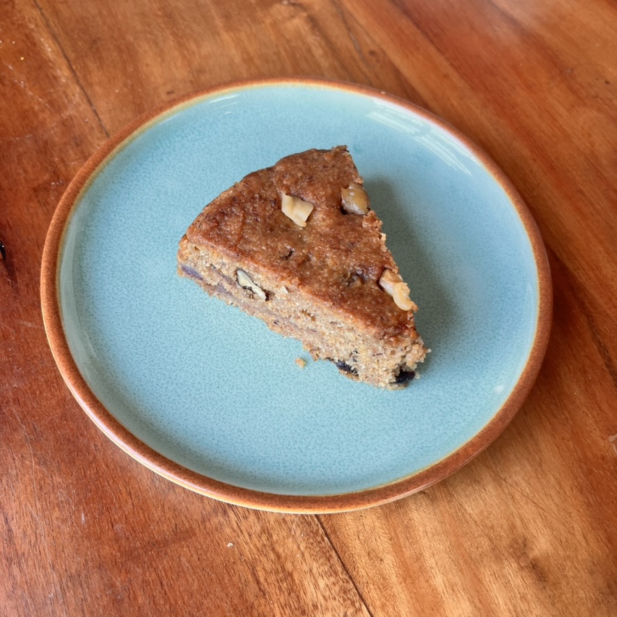 A plain blue plate with a piece of brown, date cake on it.
